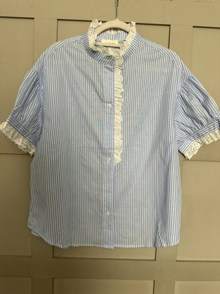 Paula Stripe Blouse with Broderie Anglaise Details - Baby Blue, Yellow