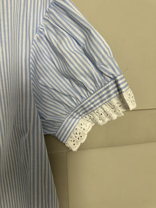 Paula Stripe Blouse with Broderie Anglaise Details - Baby Blue, Yellow