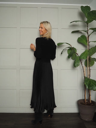 Clarissa Jumper Dress with Pleated Satin Skirt - Black, White