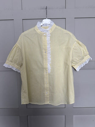 Paula Stripe Blouse with Broderie Anglaise Details - Baby Blue, Yellow