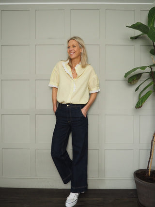 Paula Stripe Blouse with Broderie Anglaise Details - Baby Blue, Yellow