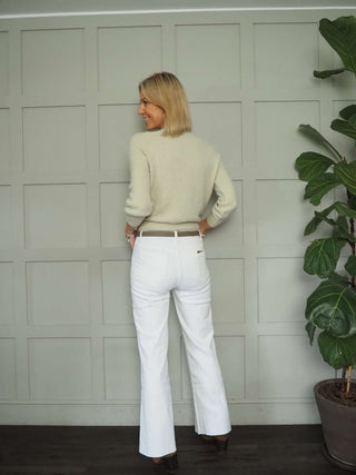 Aelia Mid Rise, Wide Leg Jeans with Raw Hem - White