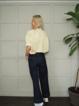 Paula Stripe Blouse with Broderie Anglaise Details - Baby Blue, Yellow