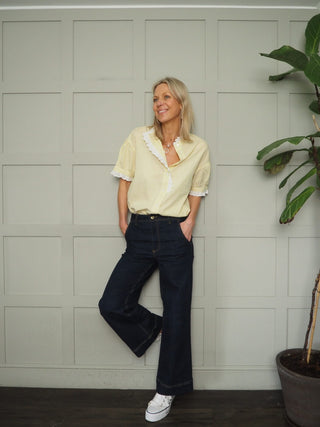 Paula Stripe Blouse with Broderie Anglaise Details - Baby Blue, Yellow