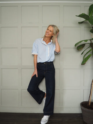 Paula Stripe Blouse with Broderie Anglaise Details - Baby Blue, Yellow