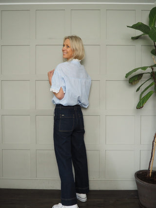 Paula Stripe Blouse with Broderie Anglaise Details - Baby Blue, Yellow