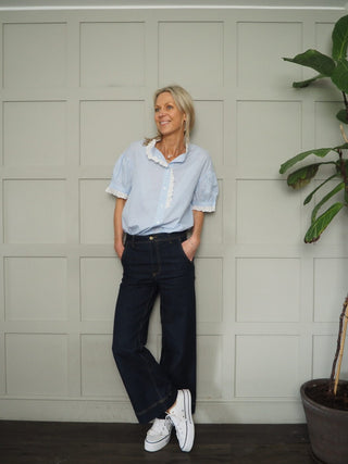 Paula Stripe Blouse with Broderie Anglaise Details - Baby Blue, Yellow