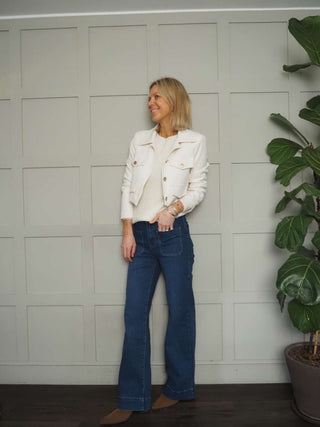 Sassi Cropped Jacket with Faux Pocket Detail &amp; Gold Buttons - Camel, Coral, Ecru