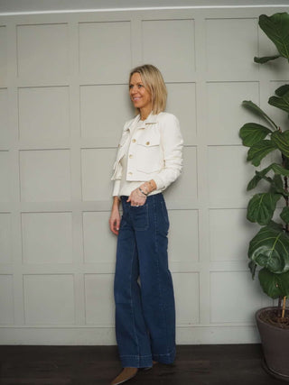 Sassi Cropped Jacket with Faux Pocket Detail &amp; Gold Buttons - Camel, Coral, Ecru