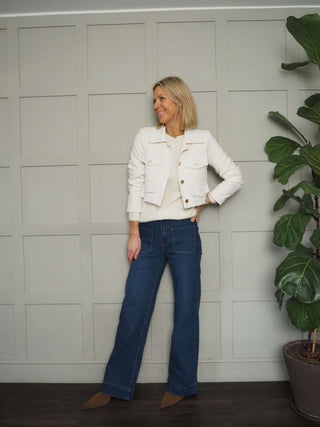 Sassi Cropped Jacket with Faux Pocket Detail &amp; Gold Buttons - Camel, Coral, Ecru