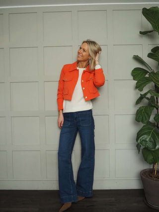 Sassi Cropped Jacket with Faux Pocket Detail &amp; Gold Buttons - Camel, Coral, Ecru