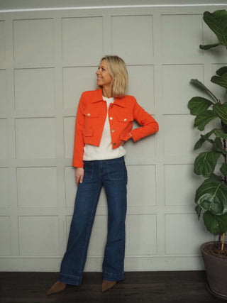 Sassi Cropped Jacket with Faux Pocket Detail &amp; Gold Buttons - Camel, Coral, Ecru