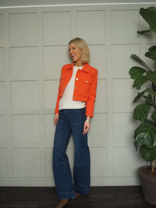 Sassi Cropped Jacket with Faux Pocket Detail &amp; Gold Buttons - Camel, Coral, Ecru