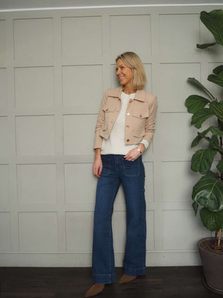 Sassi Cropped Jacket with Faux Pocket Detail &amp; Gold Buttons - Camel, Coral, Ecru