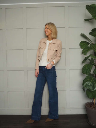 Sassi Cropped Jacket with Faux Pocket Detail &amp; Gold Buttons - Camel, Coral, Ecru