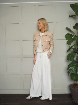 Sassi Cropped Jacket with Faux Pocket Detail &amp; Gold Buttons - Camel, Coral, Ecru