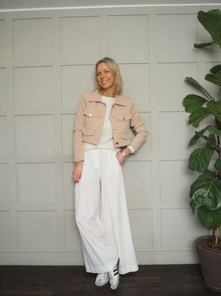 Sassi Cropped Jacket with Faux Pocket Detail &amp; Gold Buttons - Camel, Coral, Ecru