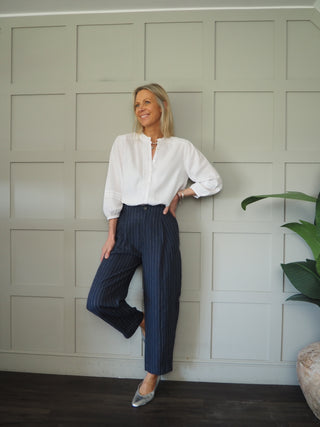 Nastja Linen Mix Blouse by Part Two - Navy Blue, White