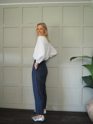 Nastja Linen Mix Blouse by Part Two - Navy Blue, White