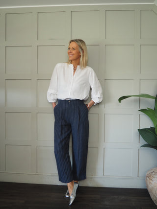 Nastja Linen Mix Blouse by Part Two - Navy Blue, White