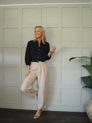 Nastja Linen Mix Blouse by Part Two - Navy Blue, White