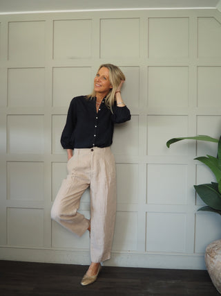 Nastja Linen Mix Blouse by Part Two - Navy Blue, White