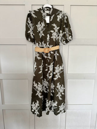 Kali Floral Embroidered Midi Dress with Elasticated Belt - Dark Khaki and Ecru Embroidery