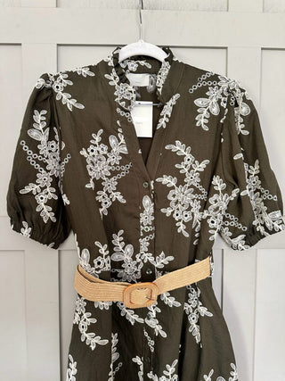Kali Floral Embroidered Midi Dress with Elasticated Belt - Dark Khaki and Ecru Embroidery