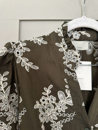 Kali Floral Embroidered Midi Dress with Elasticated Belt - Dark Khaki and Ecru Embroidery