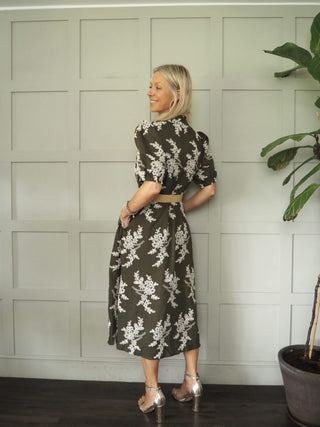 Kali Floral Embroidered Midi Dress with Elasticated Belt - Dark Khaki and Ecru Embroidery