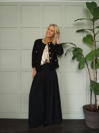 Harvey Round Neck Boucle Jacket with Gold Buttons - Black and Ecru