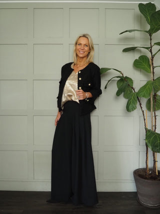 Harvey Round Neck Boucle Jacket with Gold Buttons - Black and Ecru