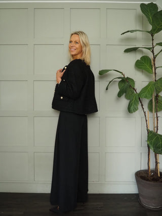 Harvey Round Neck Boucle Jacket with Gold Buttons - Black and Ecru