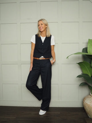 Christophe Classic Pin Stripe Wide Leg Trousers - Navy Blue