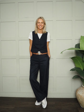 Christophe Classic Pin Stripe Wide Leg Trousers - Navy Blue