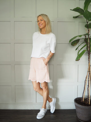 Mary Soft Denim Shorts with Scalloped Hem by Bonté - Pink