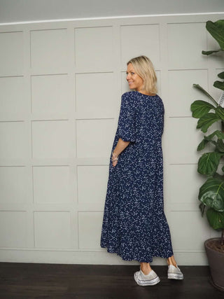 Derry 3/4 Length Sleeve Dress - Denim, Navy Blue