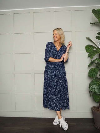 Derry 3/4 Length Sleeve Dress - Denim, Navy Blue