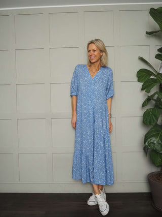 Derry 3/4 Length Sleeve Dress - Denim, Navy Blue