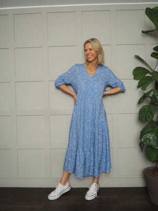 Derry 3/4 Length Sleeve Dress - Denim, Navy Blue