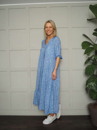 Derry 3/4 Length Sleeve Dress - Denim, Navy Blue