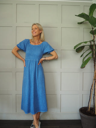 Walsingham Linen Mix Dress - Blue, Coral, Stone