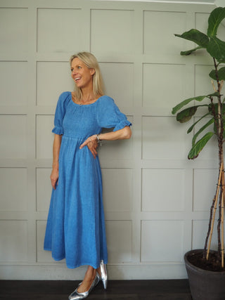 Walsingham Linen Mix Dress - Blue, Coral, Stone