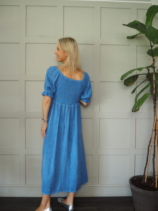 Walsingham Linen Mix Dress - Blue, Coral, Stone