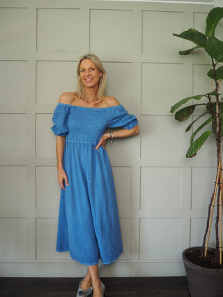 Walsingham Linen Mix Dress - Blue, Coral, Stone