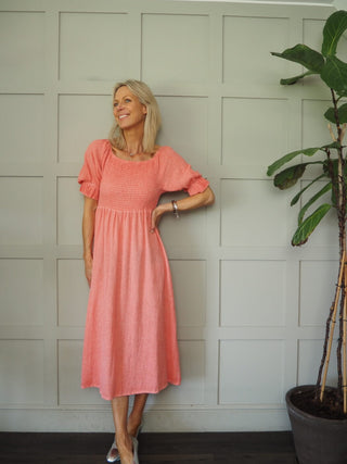 Walsingham Linen Mix Dress - Blue, Coral, Stone