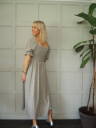 Walsingham Linen Mix Dress - Blue, Coral, Stone