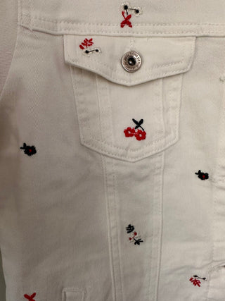Ecru Denim Jacket with Embroidered Flowers with Button Fastening &amp; Pockets - Ecru with Blue/Red/White Flowers