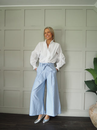 Tilly Trousers with Tailored Pockets, Pleated Detail, Back Zip Fastening - Blue/White Stripe, Camel, Sky Blue