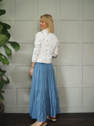 Ecru Denim Jacket with Embroidered Flowers with Button Fastening &amp; Pockets - Ecru with Blue/Red/White Flowers